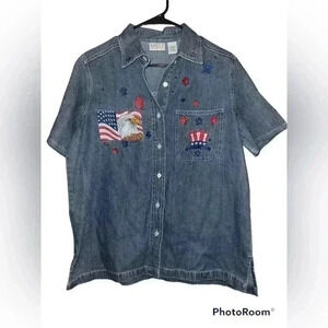 Quizz Again Jeans Women’s Patriotic Denim Button Down Shirt Size Medium